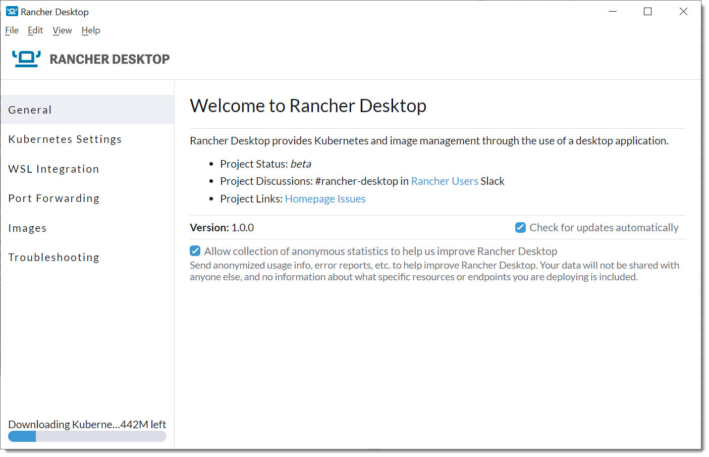 Rancher Desktop User Interface